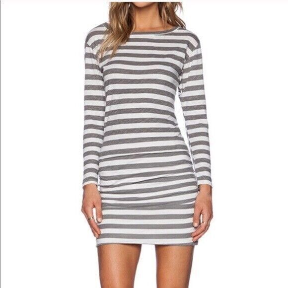 Sundry Dresses & Skirts - Sundry Sheath Dress Womens Size 3 L Gray Striped Long Sleeve Stretch Side Ruched